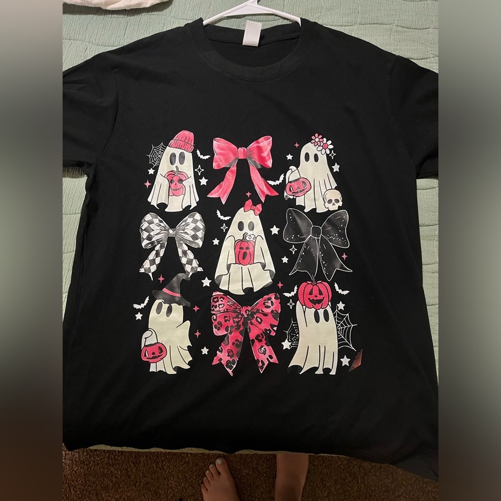 Black Halloween Ghost T-Shirt with Pink Accents